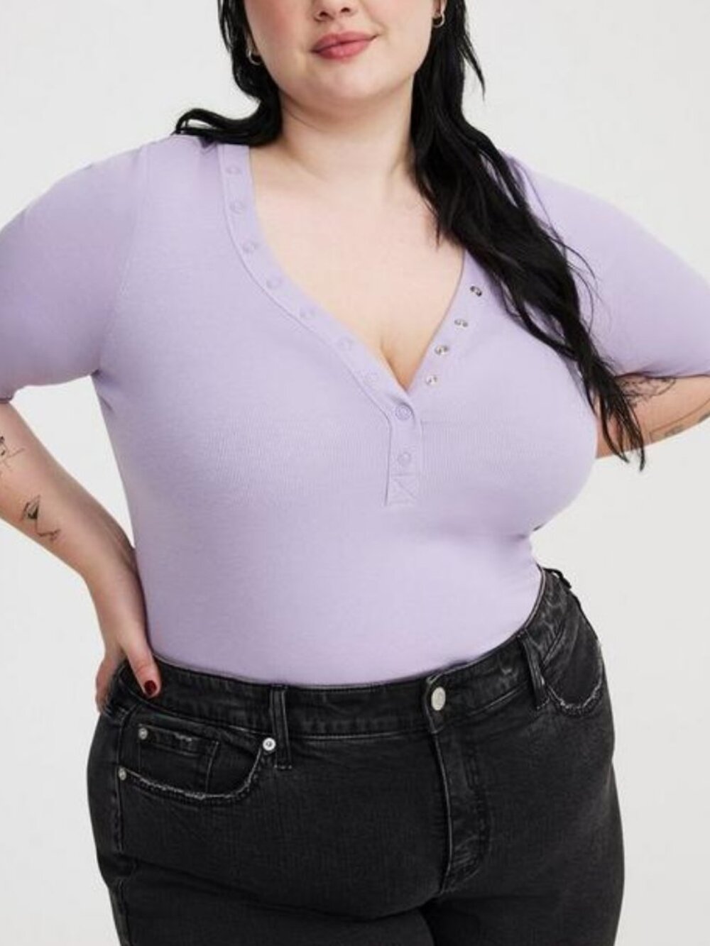 Plus Size Torrid 3 3X (22-24) Lavender Purple Cotton Rib Henley Elbow Top NWT